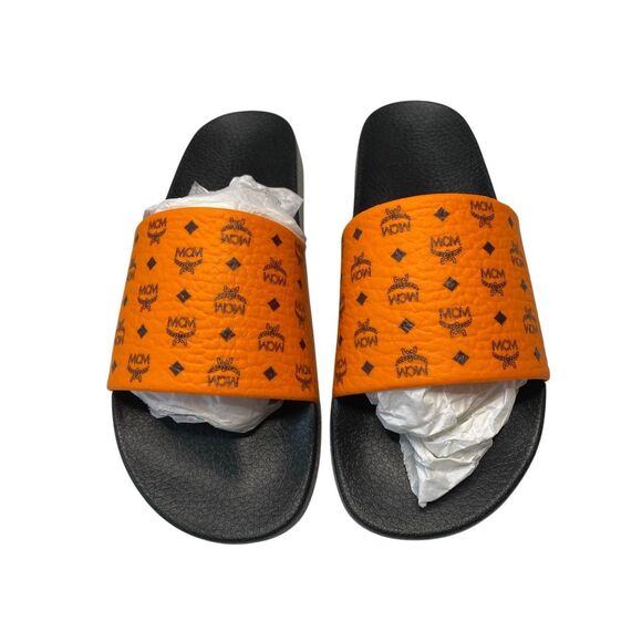 NIB MCM Mens US 10 Persimmon Orange Visetos Monogram Print Vamp Slide Sandals - Picture 2 of 16